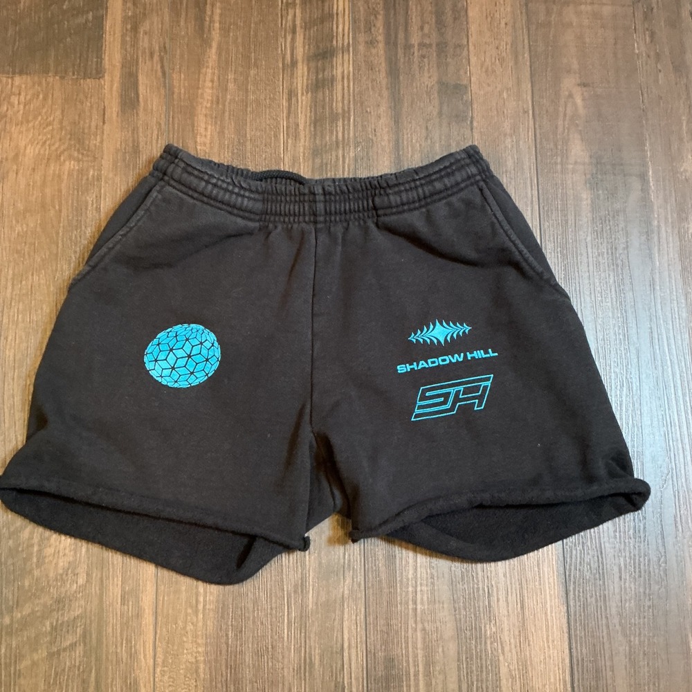 Shadow Hill Graphic Fleece Sweat Shorts Black Teal Blue Raw Hem Small Streetwear